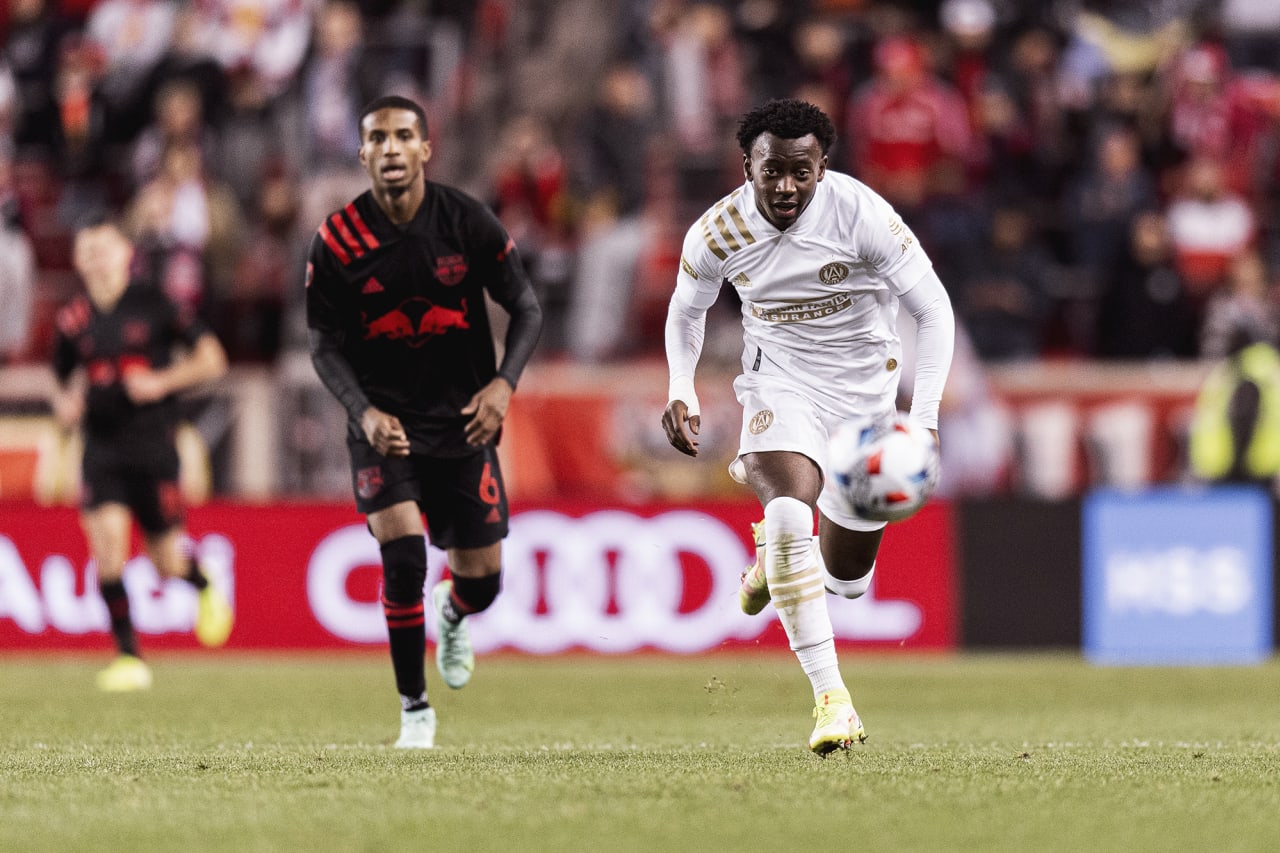 Atlanta United defender George Bello #21 goes after the ball during the match against New York Red Bulls at Red Bull Arena in Harrison, New Jersey on Wednesday November 3, 2021. (Photo by Jacob Gonzalez/Atlanta United)