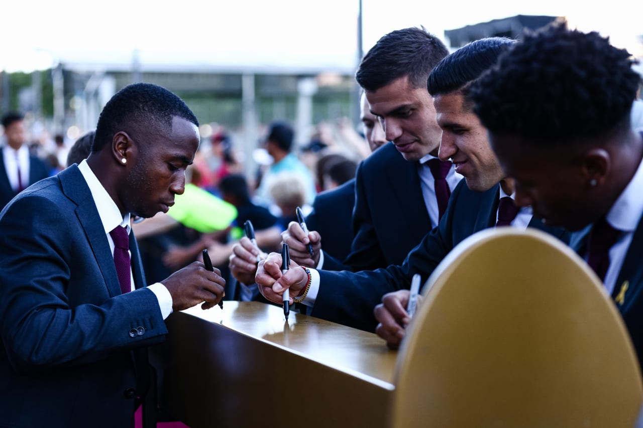 Atlanta United forward Edwin Mosquera #21 signs the golden spike prior to the match against CF Montreal at Mercedes-Benz Stadium in Atlanta, GA on Saturday, September 23, 2023. (Photo by Bee Trofort-Wilson/Atlanta United)
