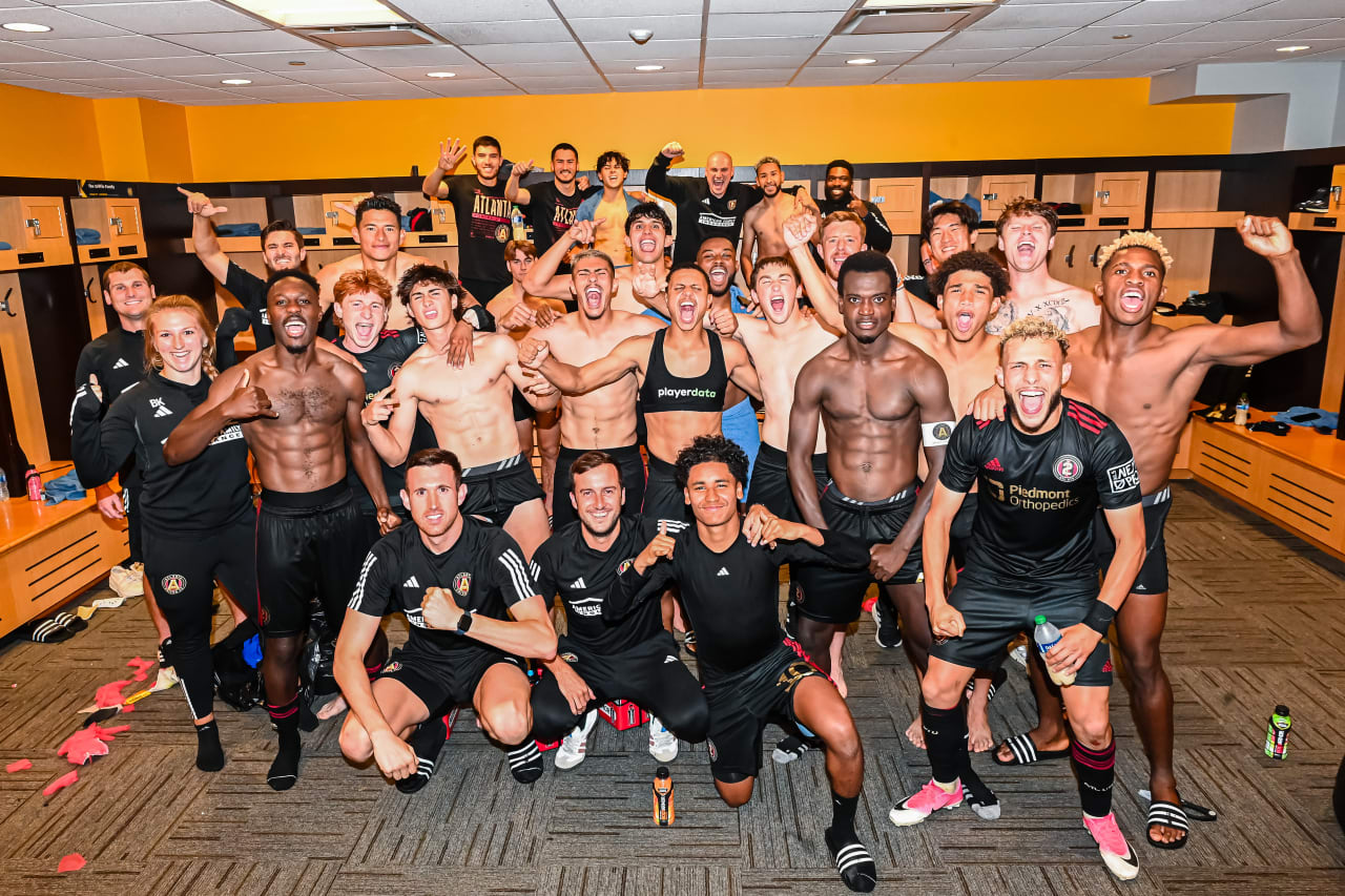 Atlanta United 2 celebrates the win in the locker room after the MLS Next Pro match against New York City FC 2 at Fifth-Third Bank Stadium in Marietta, Ga. on Sunday, June 25, 2023. (Photo by Asher Greene/Atlanta United)