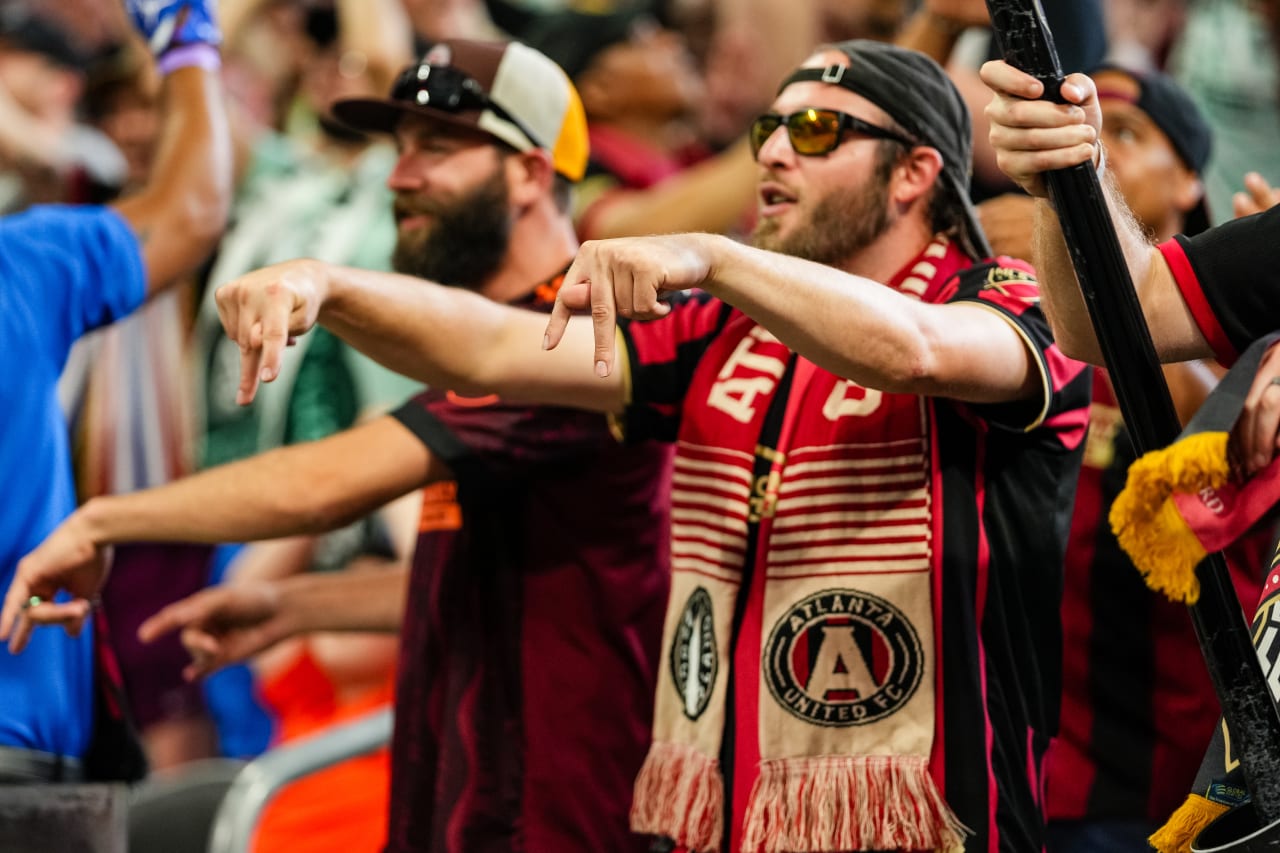 Supporters cheer during the second half of the match against Philadelphia Union at Mercedes-Benz Stadium in Atlanta, GA on Sunday, July 2, 2023. (Photo by Jason Allen/Atlanta United)