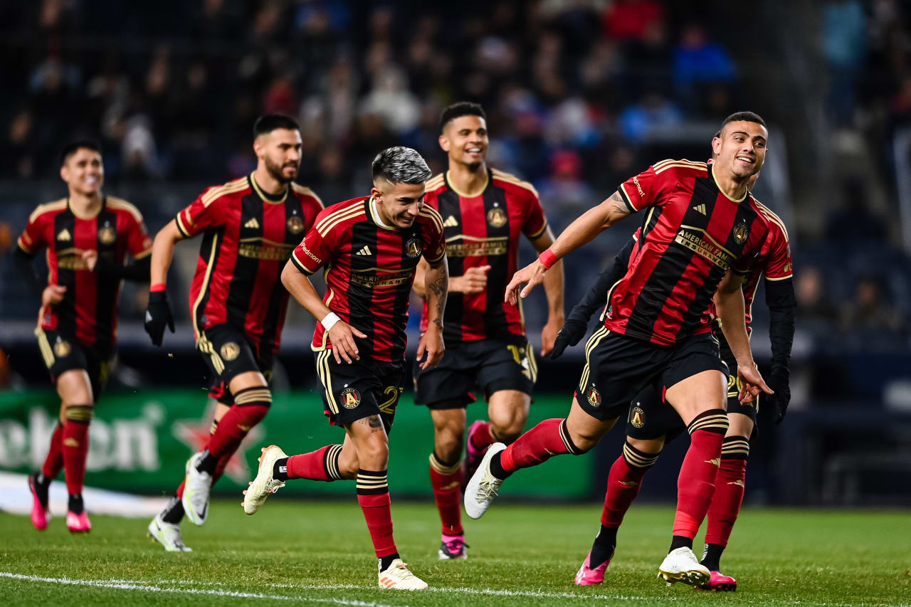 Atlanta United forward Giorgos Giakoumakis #7 celebrates with teammates after a goal during the second half of the match against New York City FC at Yankee Stadium in Bronx, NY on Saturday, April 8, 2023. (Photo by Mitchell Martin/Atlanta United)