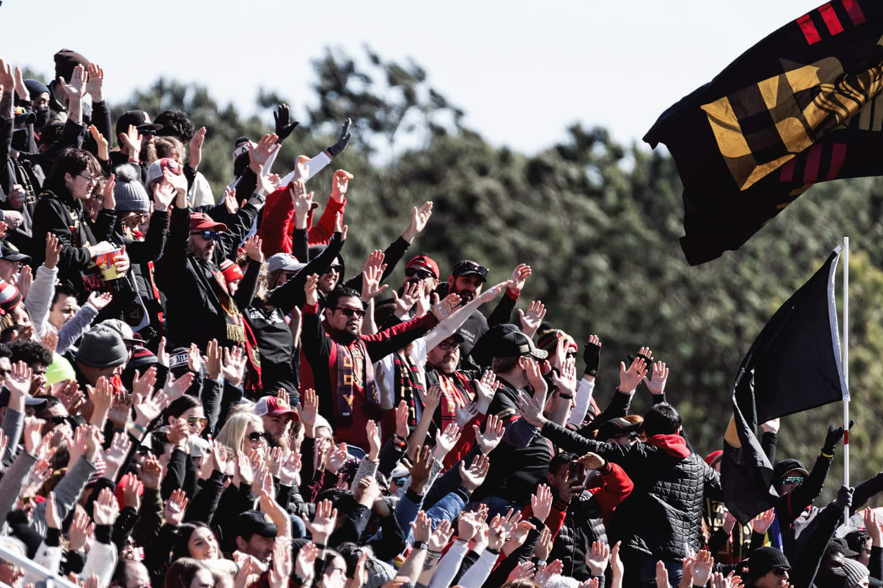 Atlanta United supporters chant during the first half of the preseason match against the Georgia Revolution at Turner Soccer Complex in Athens, Georgia, on Sunday January 30, 2022. (Photo by Jacob Gonzalez/Atlanta United)