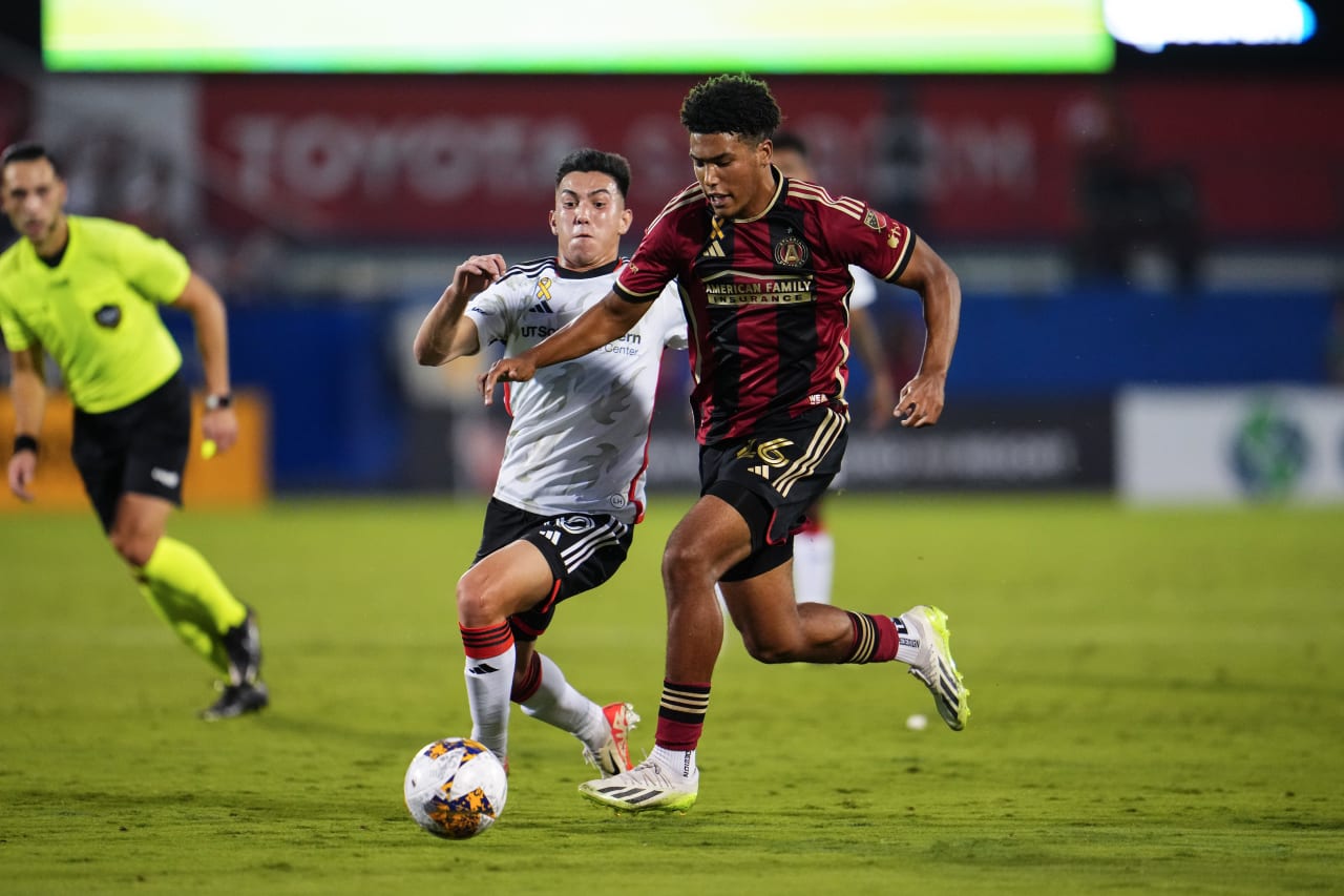Atlanta United defender Caleb Wiley #26 runs with the ball during the match against FC Dallas at Toyota Stadium in Dallas, TX on Saturday, September 2, 2023. (Photo by Cooper Neill/Atlanta United)