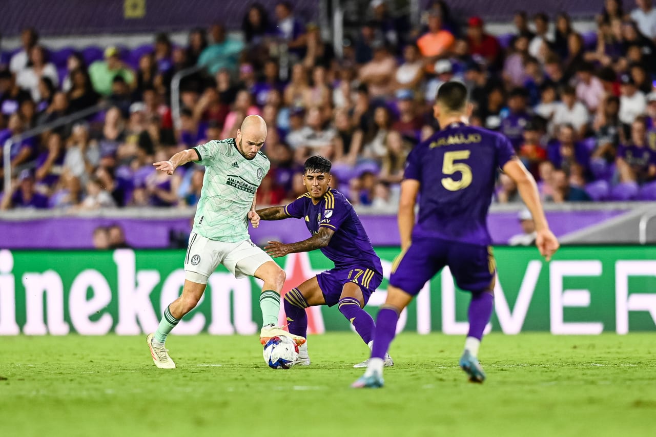 Atlanta United defender Andrew Gutman #15 running with the ball during the match against Orlando City at Exploria Stadium in Orlando, FL on Saturday, May 27, 2023. (Photo by Mitchell Martin/Atlanta United)