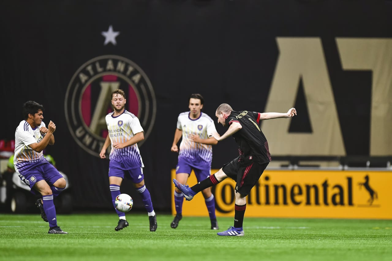 Players celebrate after a goal is scored during the Unified match against Orlando City SC at Mercedes-Benz Stadium in Atlanta, Georgia, on Sunday July 17, 2022. (Photo by Kyle Hess/Atlanta United)