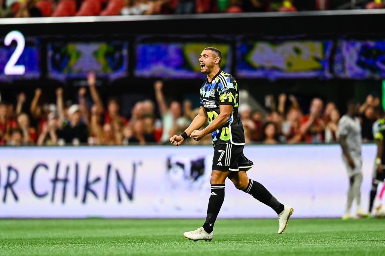 Atlanta United forward Giorgos Giakoumakis #7 celebrates after a goal during the second half of the match against CF Montreal at Mercedes-Benz Stadium in Atlanta, GA on Saturday, September 23, 2023. (Photo by Mitch Martin/Atlanta United)
