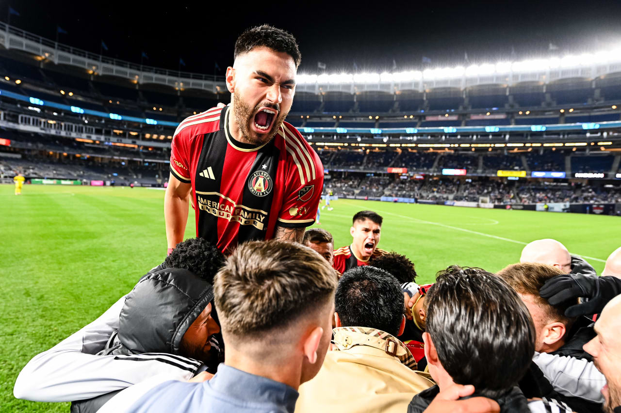 Atlanta United defender Juan José Sanchez Purata #22 celebrates with teammates after a goal by forward Giorgos Giakoumakis #7 during the second half of the match against New York City FC at Yankee Stadium in Bronx, NY on Saturday April 8, 2023. (Photo by Mitchell Martin/Atlanta United)