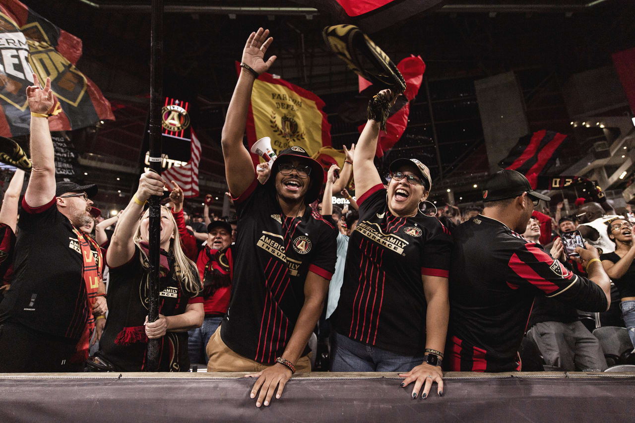 Atlanta United supporters cheer during the match against Inter Miami at Mercedes-Benz Stadium in Atlanta, Georgia on Wednesday October 27, 2021. (Photo by Mitchell Martin/Atlanta United)