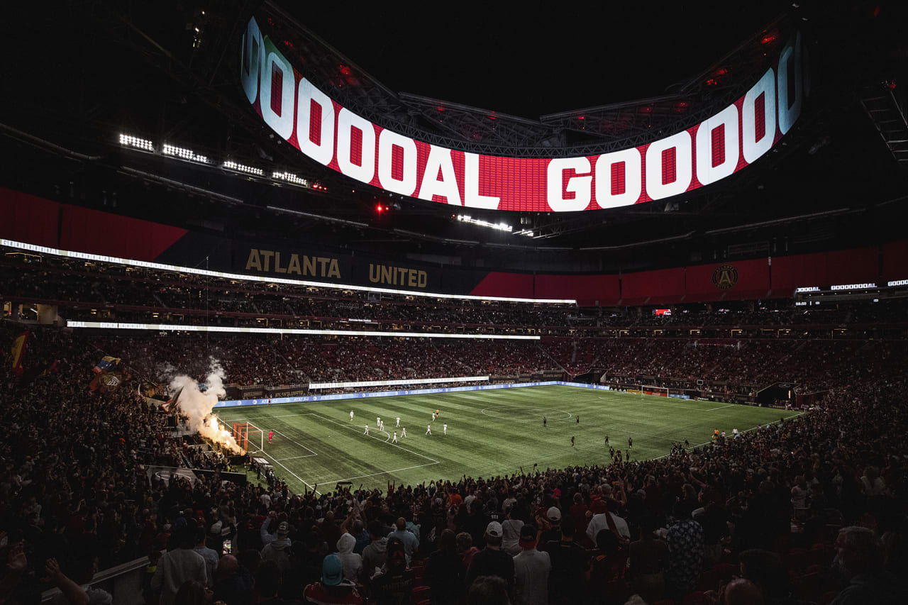General view of the stadium after Atlanta United forward Luiz Araújo #19 scores a goal during the match against Inter Miami at Mercedes-Benz Stadium in Atlanta, Georgia on Wednesday October 27, 2021. (Photo by Karl Moore/Atlanta United)