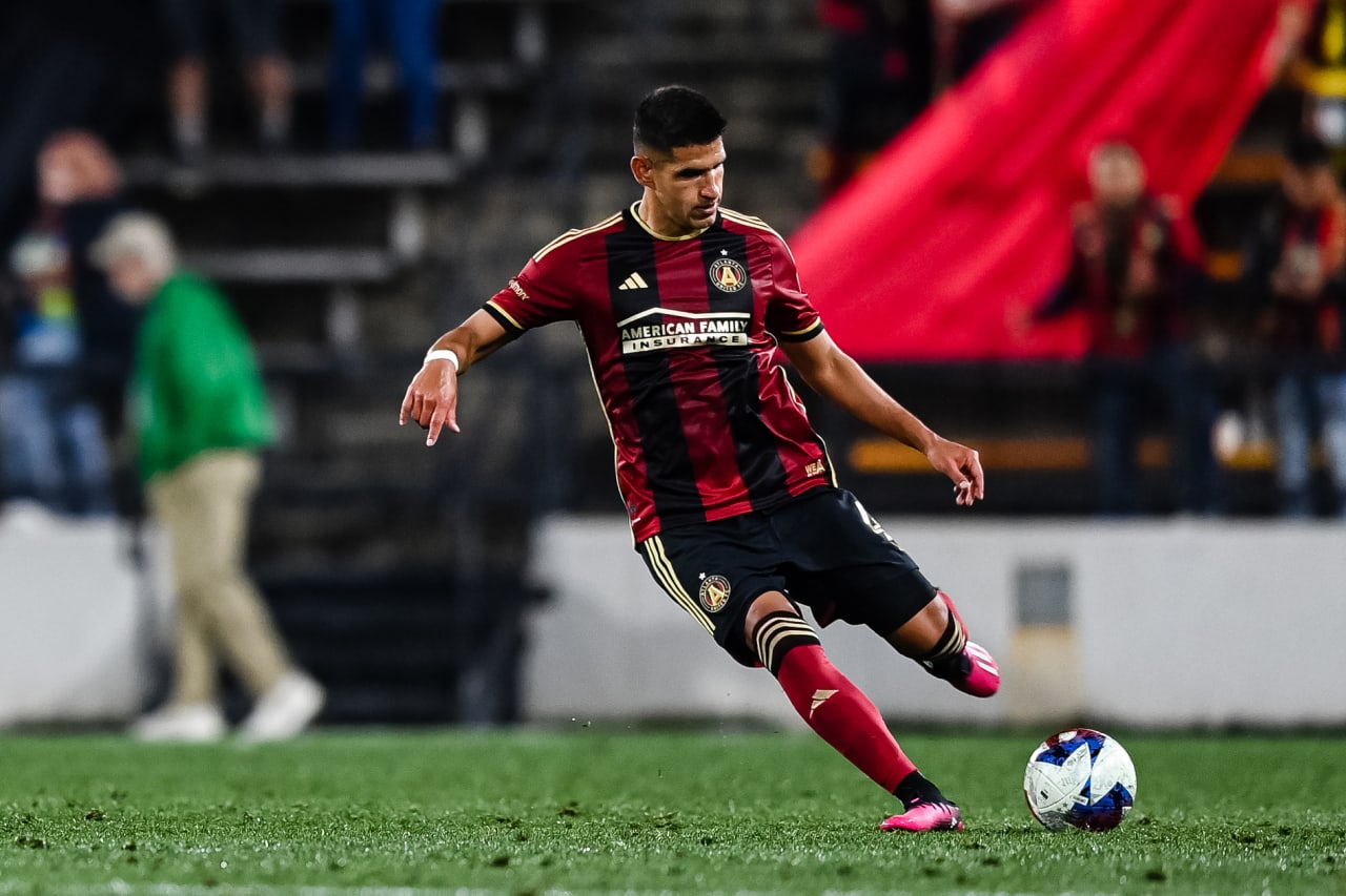 Atlanta United defender Luis Abram #4 dribbles during the second half of the Open Cup match against Memphis 901 FC at Fifth Third Bank Stadium in Kennesaw, GA on Wednesday April 26, 2023. (Photo by Mitchell Martin/Atlanta United)