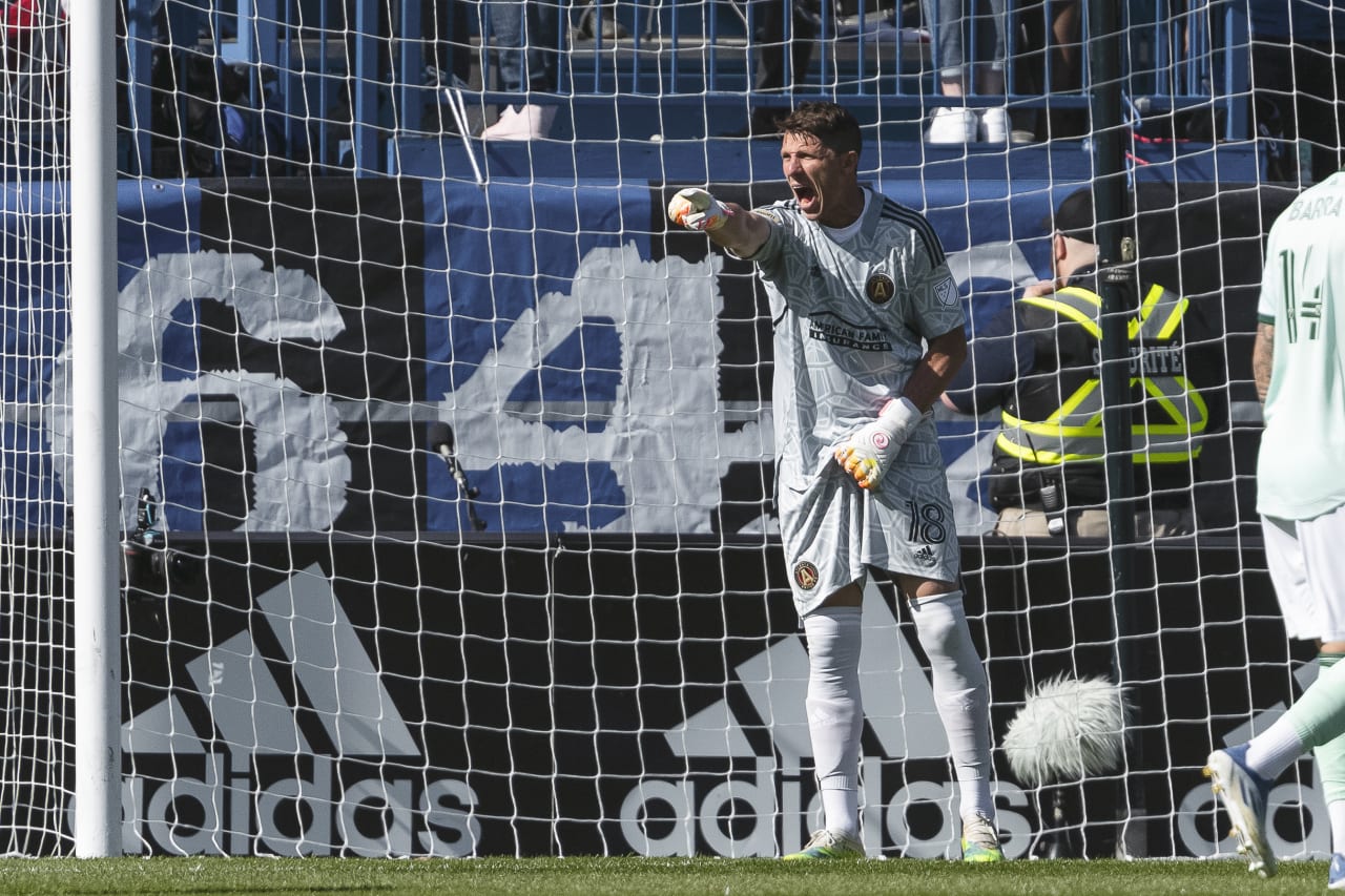 Atlanta United goalkeeper Bobby Shuttleworth #18 is seen in net during the match against CF Montreal at Stade Saputo in Montreal, Canada on Saturday April 30, 2022. (Photo by Dakota Williams/Atlanta United)