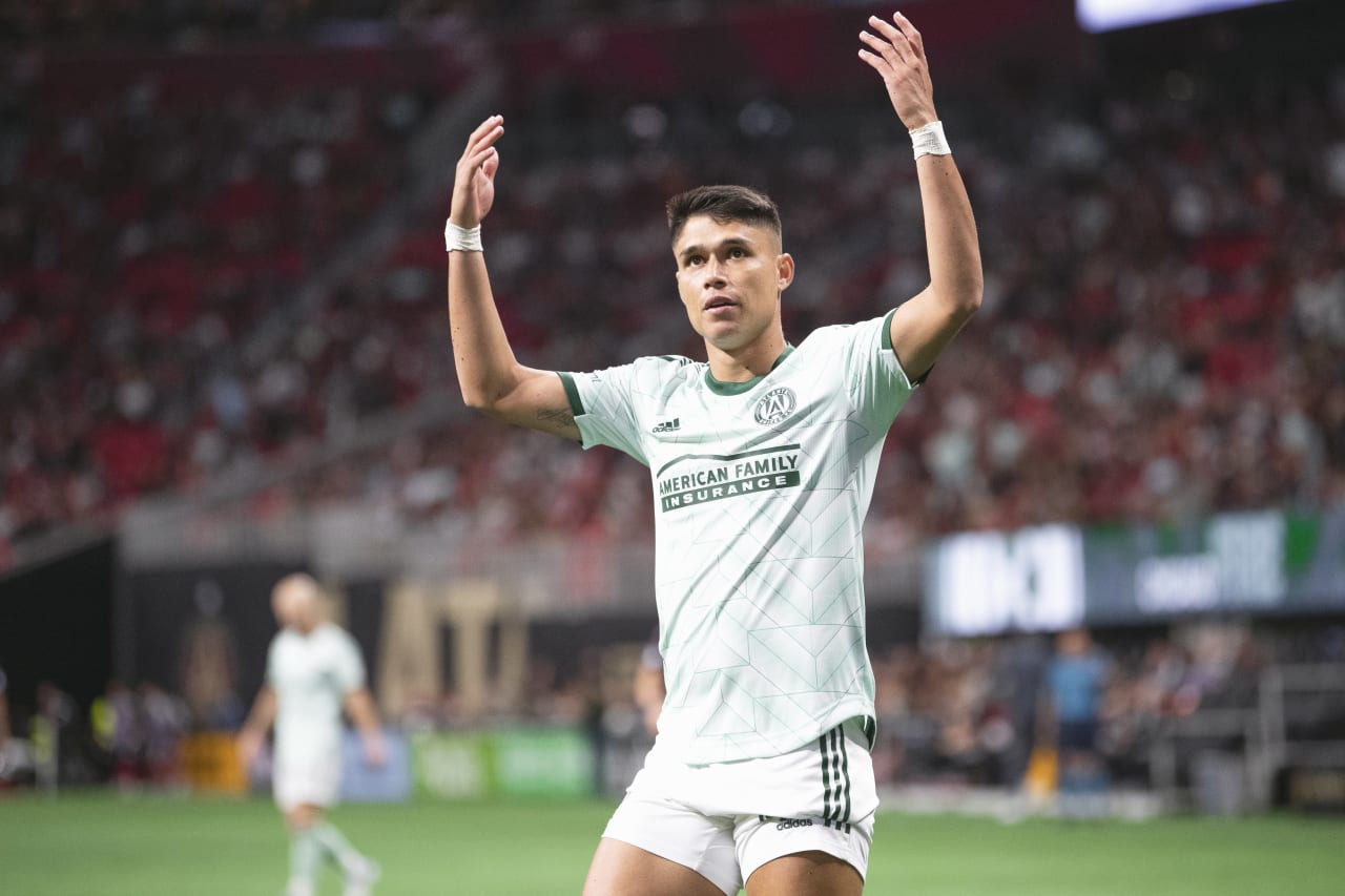Atlanta United forward Luiz Araújo #19 reacts during the match against Chicago Fire FC at Mercedes-Benz Stadium in Atlanta, United States on Saturday May 7, 2022. (Photo by Kyle Hess/Atlanta United)