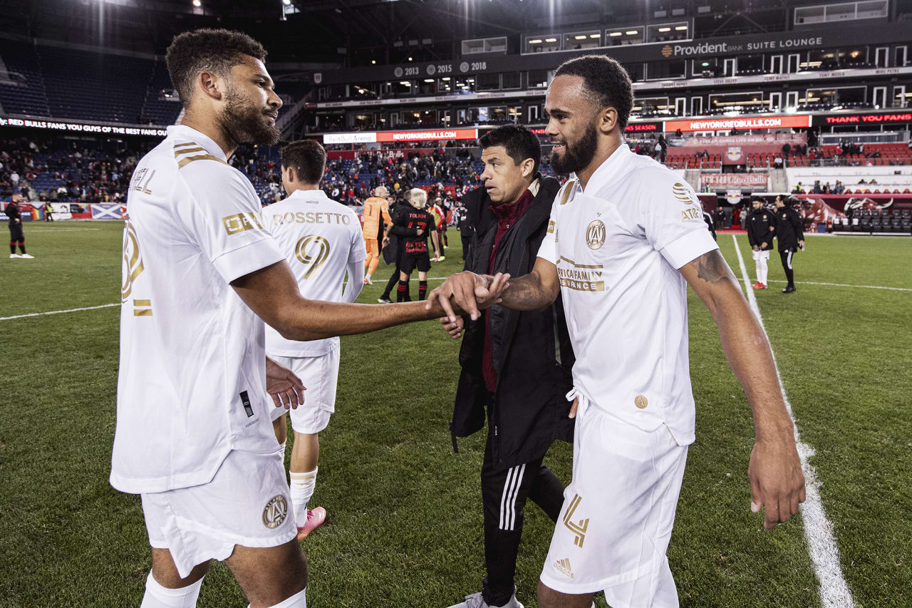Atlanta United defender George Campbell #32 embraces defender Anton Walkes #4 after the match against New York Red Bulls at Red Bull Arena in Harrison, New Jersey on Wednesday November 3, 2021. (Photo by Jacob Gonzalez/Atlanta United)