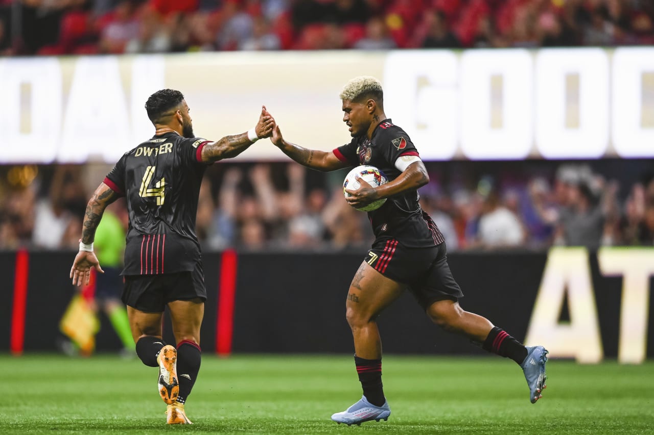 Atlanta United forward Josef Martinez #7 celebrate after scoring a goal during the match against New York Red Bulls at Mercedes-Benz Stadium in Atlanta, United States on Wednesday August 17, 2022. (Photo by Mitchell Martin/Atlanta United)