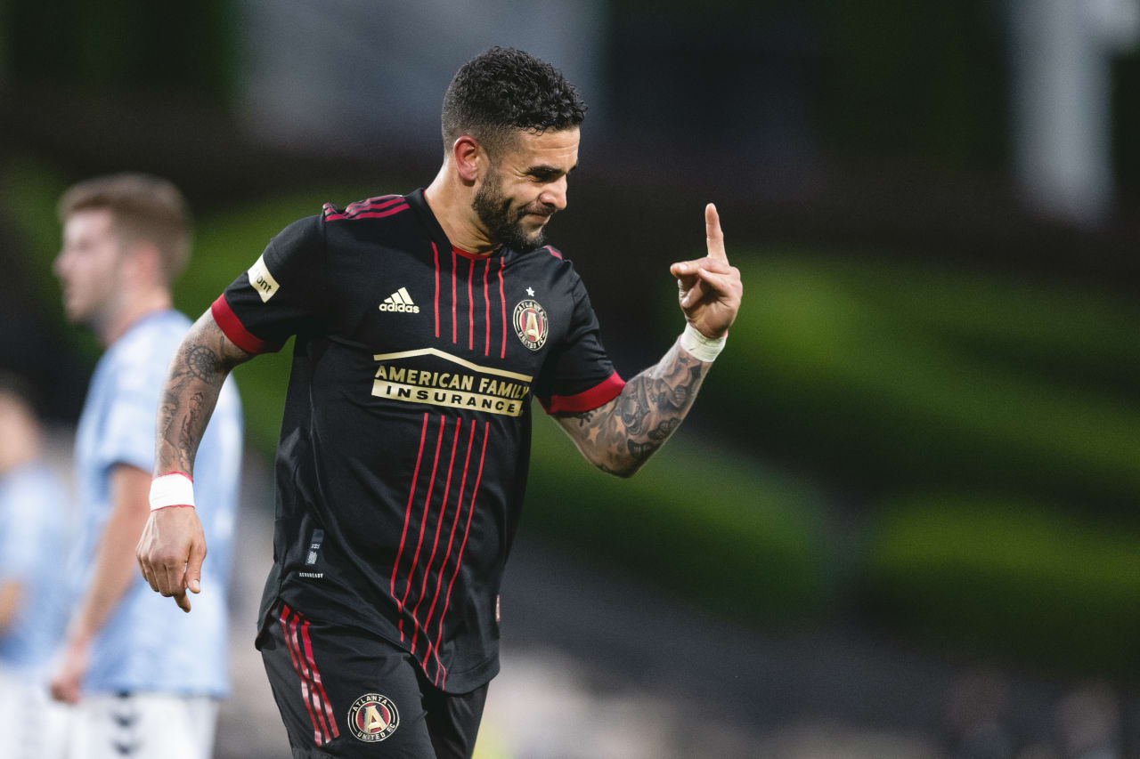 Atlanta United forward Dom Dwyer #4 celebrates after a goal during the match against Chattanooga FC at Fifth Third Bank Stadium in Kennesaw, United States on Wednesday April 20, 2022. (Photo by Adam Hagy/Atlanta United)