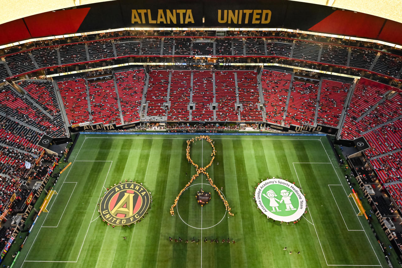 Kick Childhood Cancer ribbon prior to the match against CF Montreal at Mercedes-Benz Stadium in Atlanta, GA on Saturday, September 23, 2023. (Photo by Asher Greene/Atlanta United)