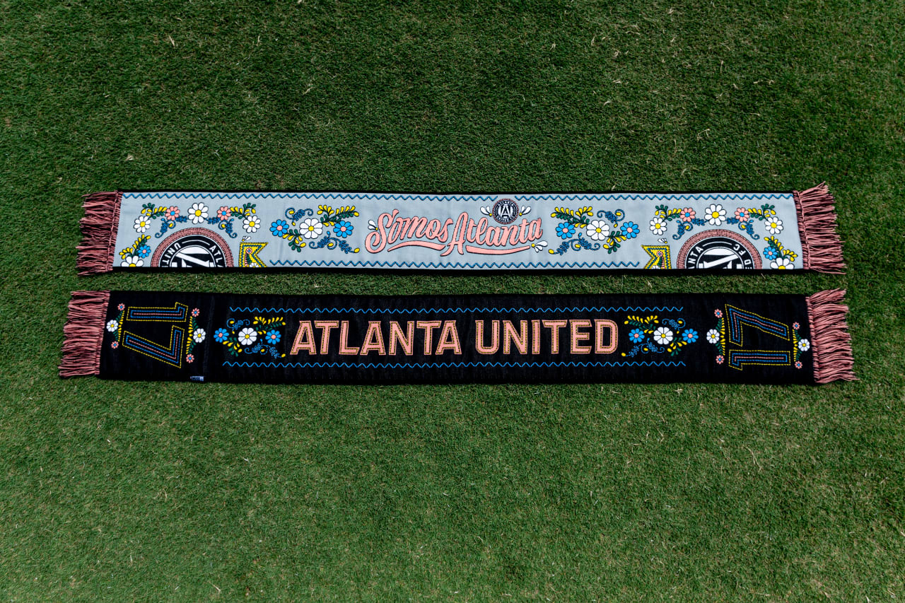 Detail image of the Latin Heritage Month scarf at Children's Healthcare of Atlanta Training Ground in Marietta, Ga., on Thursday, August 24, 2023. (Photo by Mitch Martin/Atlanta United)