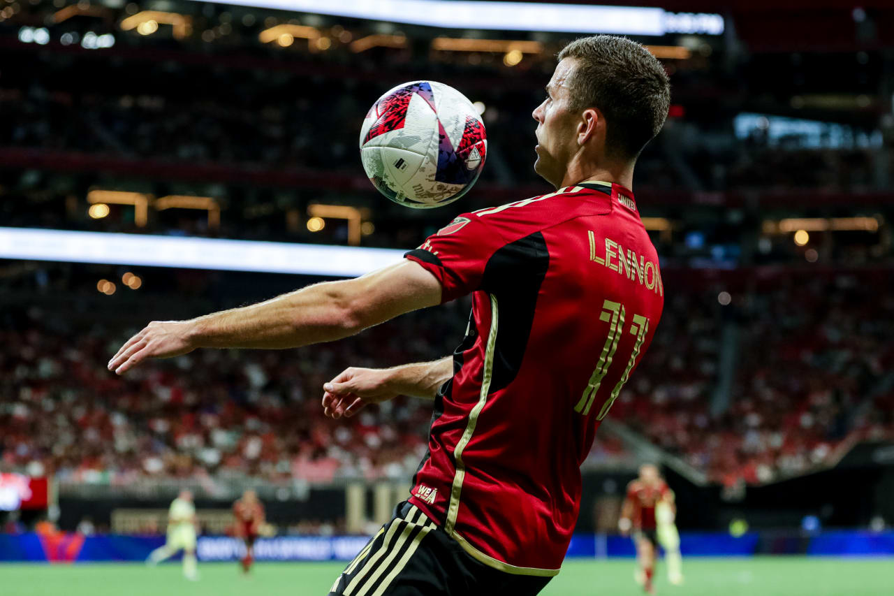 Atlanta United defender Brooks Lennon #11 collects the ball off his chest during the first half during the match against New York Red Bulls at Mercedes-Benz Stadium in Atlanta, GA on Saturday, April 1, 2023. (Photo by AJ Reynolds/Atlanta United)
