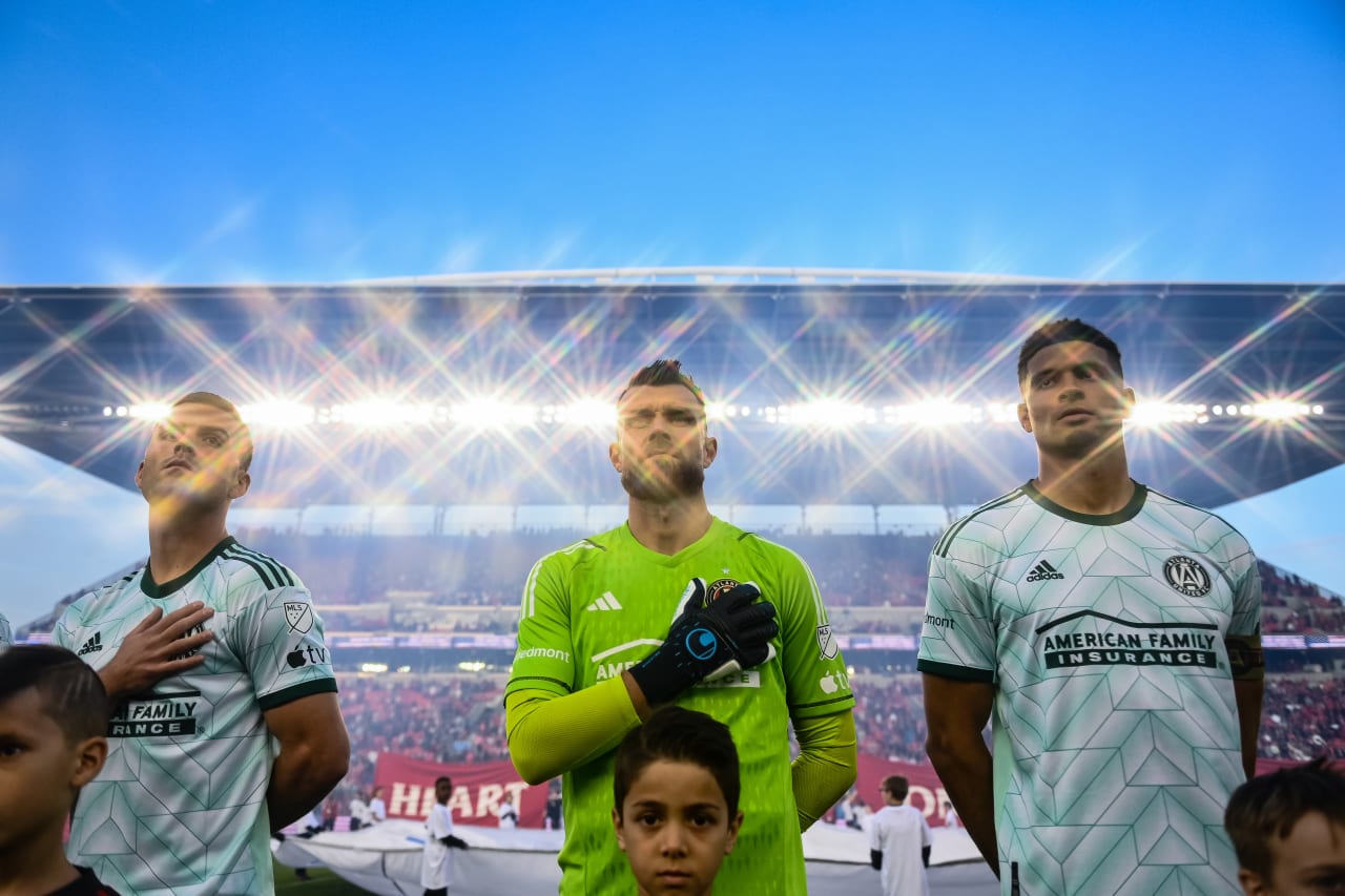 Atlanta United goalkeeper Quentin Westberg #31 looks on during the national anthem before the match against Toronto FC at BMO Field in Toronto, Canada on Saturday, April 15, 2023. (Photo by Brandon Magnus/Atlanta United)