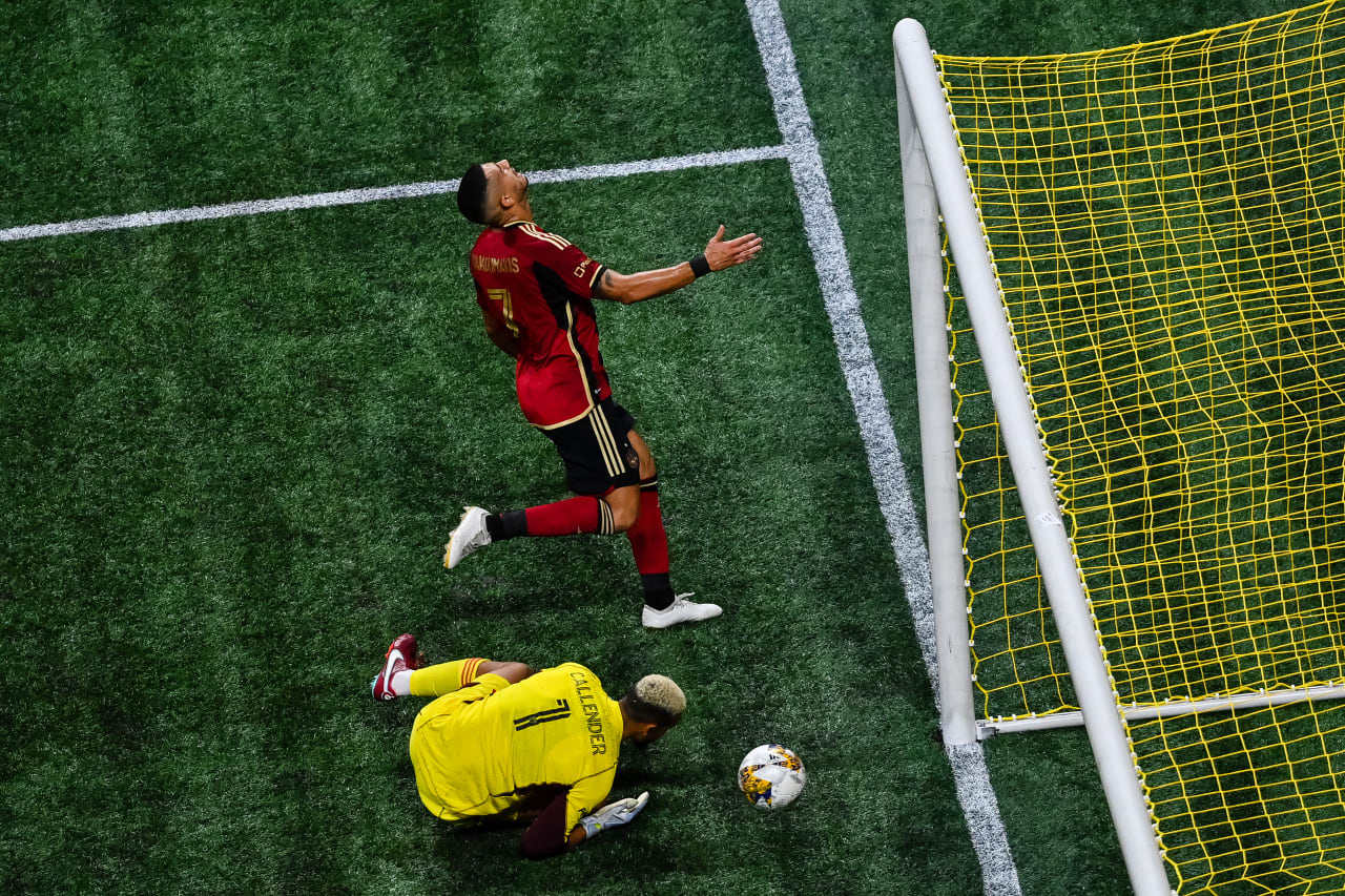 Atlanta United forward Giorgos Giakoumakis #7 reacts after a goal during the second half of the match against Inter Miami at Mercedes-Benz Stadium in Atlanta, GA on Saturday, September 16, 2023. (Photo by Mitch Martin/Atlanta United)