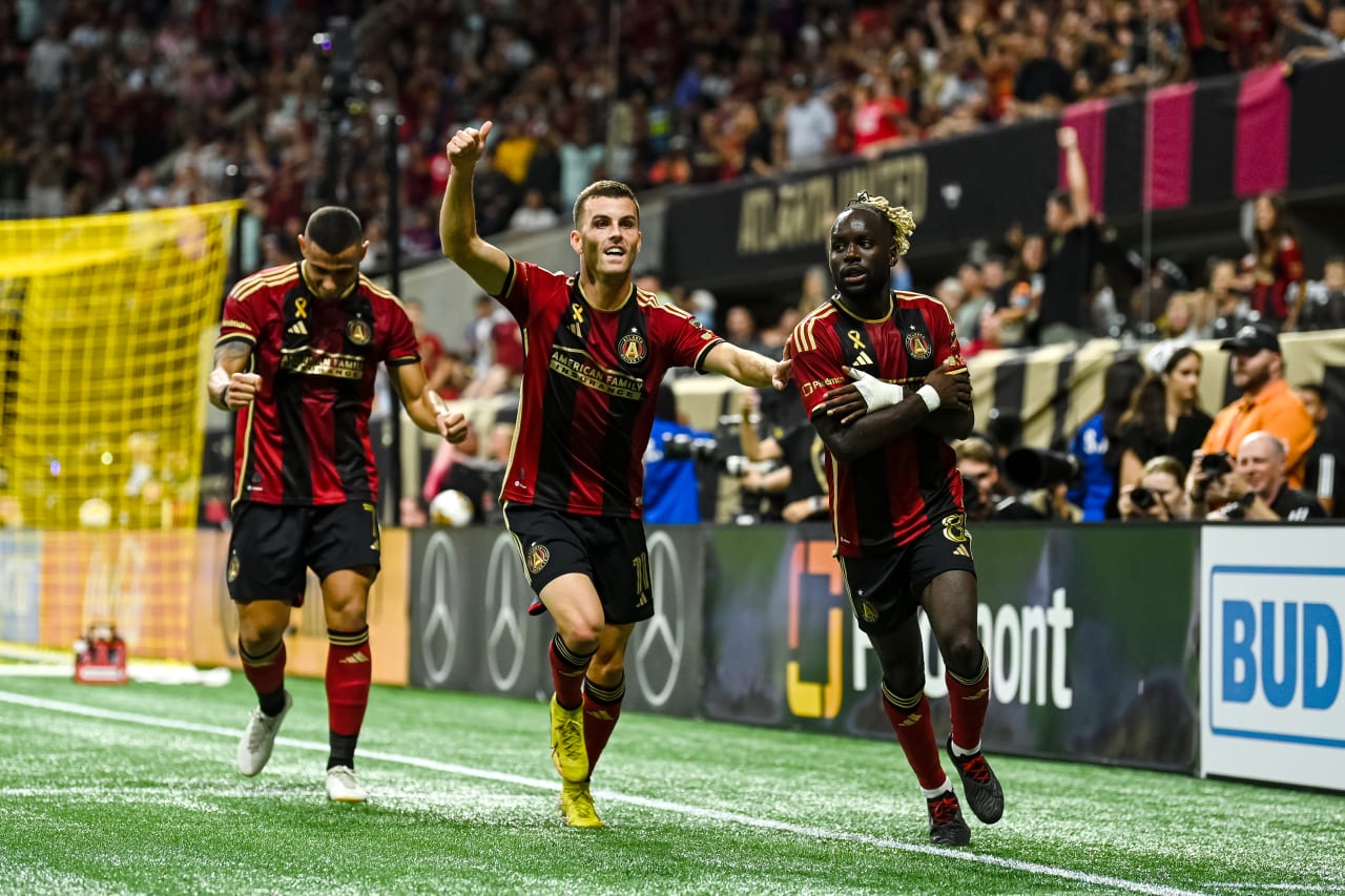 Atlanta United midfielder Tristan Muyumba #8 and defender Brooks Lennon #11 celebrate after a goal during the first half of the match against Inter Miami at Mercedes-Benz Stadium in Atlanta, GA on Saturday, September 16, 2023. (Photo by Mitch Martin/Atlanta United)