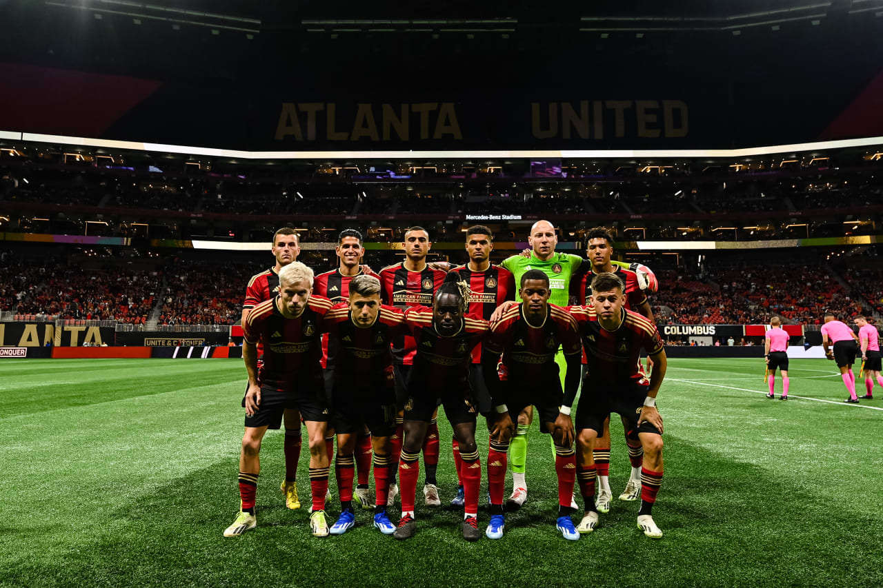 Starting XI pose prior to the match against Columbus Crew at Mercedes-Benz Stadium in Atlanta, GA on Saturday, October 7, 2023. (Photo by Mitch Martin/Atlanta United)