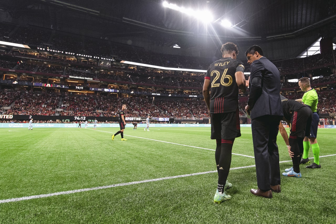 Atlanta United defender Caleb Wiley #26 is subbed in during the 2022 Opening Day match against Sporting Kansas City at Mercedes-Benz Stadium in Atlanta, United States on Sunday February 27, 2022. (Photo by Jacob Gonzalez/Atlanta United)