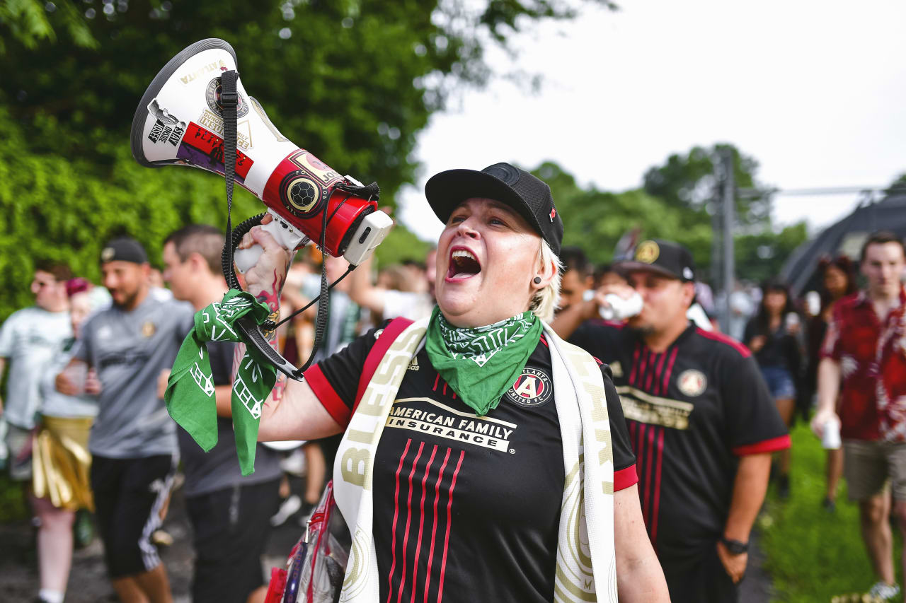 Atlanta United supporters march before the match against Real Salt Lake at Mercedes-Benz Stadium in Atlanta, United States on Wednesday July 13, 2022. (Photo by Kyle Hess/Atlanta United)