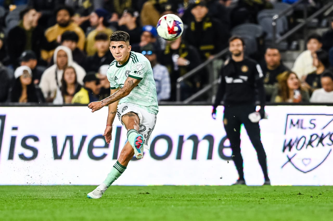 Atlanta United midfielder Thiago Almada #23 kicks the ball during the first half of the match against Los Angeles FC at BMO Stadium in Los Angeles, CA on Wednesday, June 7, 2023. (Photo by Mitchell Martin/Atlanta United)