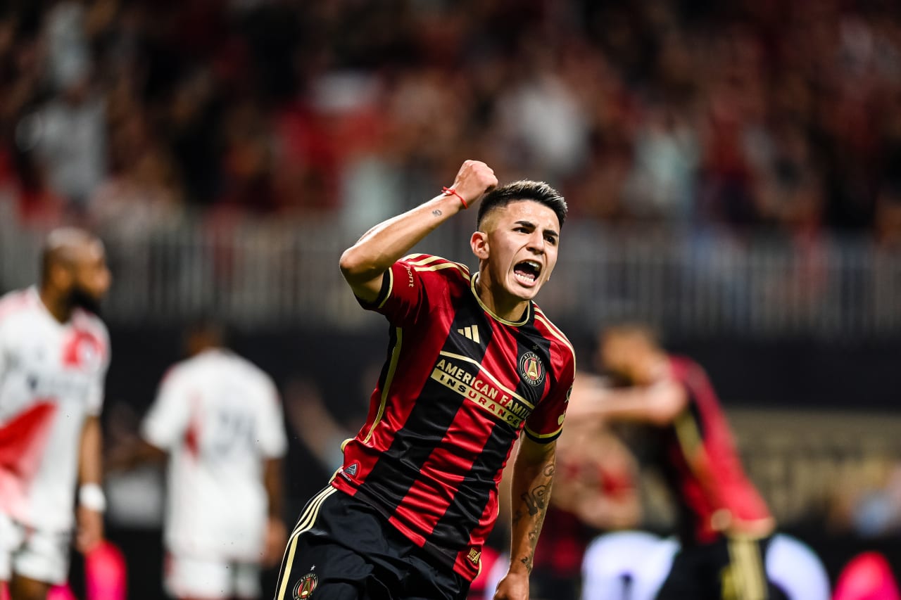 Atlanta United midfielder Thiago Almada #23 celebrates after a goal during the second half of the match against New England Revolution at Mercedes-Benz Stadium in Atlanta, GA on Wednesday, May 31, 2023. (Photo by Mitchell Martin/Atlanta United)