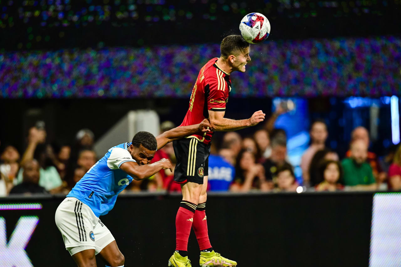 Atlanta United defender Brooks Lennon #11 heads the ball during the second half of the match against Charlotte FC at Mercedes-Benz Stadium in Atlanta, GA on Saturday May 13, 2023. (Photo by Kyle Hess/Atlanta United)