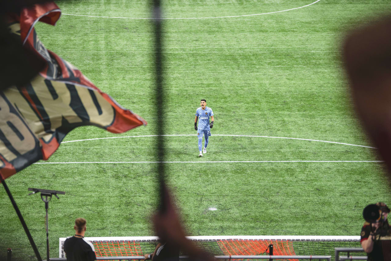 Atlanta United goalkeeper Rocco Rios Novo #34 interacts with supporters during the match against CF Pachuca at Mercedes-Benz Stadium in Atlanta, Georgia, on Tuesday June 14, 2022. (Photo by Jay Bendlin/Atlanta United)