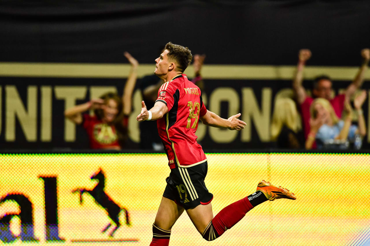 Atlanta United forward Miguel Berry #19 celebrates after a goal during the second half of the match against New England Revolution at Mercedes-Benz Stadium in Atlanta, GA on Wednesday, May 31, 2023. (Photo by Kyle Hess/Atlanta United)