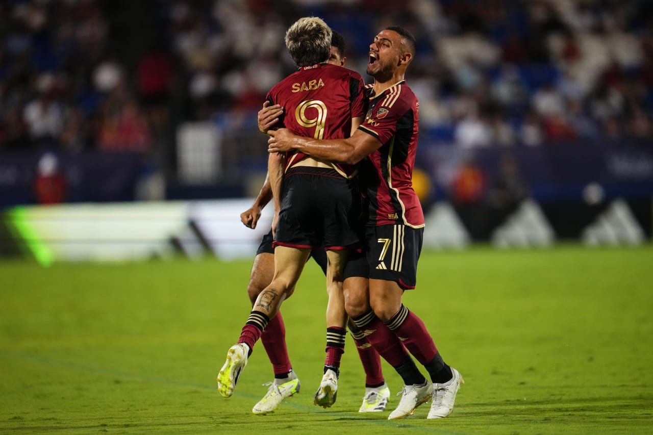 Atlanta United forward Saba Lobjanidze #9 and Atlanta United forward Giorgos Giakoumakis #7 celebrate after scoring a goal during the match against FC Dallas at Toyota Stadium in Dallas, TX on Saturday, September 2, 2023. (Photo by Cooper Neill/Atlanta United)