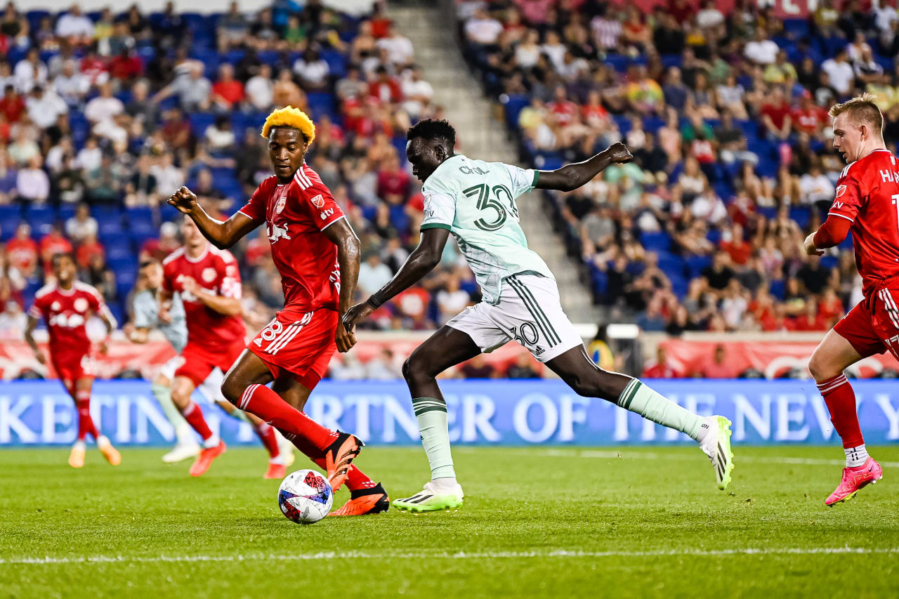 Atlanta United forward Machop Chol #30 dribbles the ball during the match against New York Red Bulls at Red Bull Arena in Harrison, NJ on Saturday, June 24, 2023. (Photo by Mitchell Martin/Atlanta United)