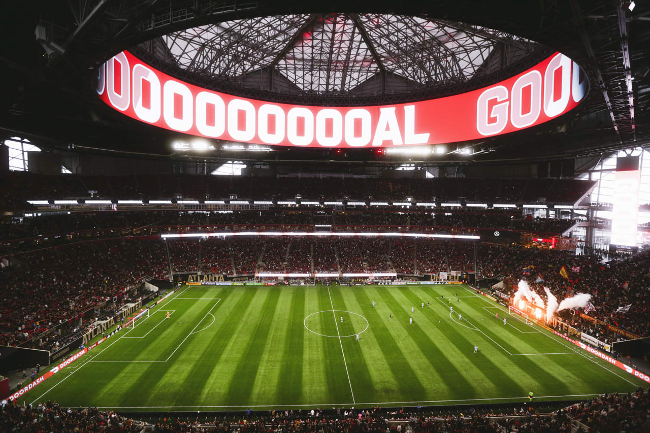 View of the halo board after the first goal is scored during the 2022 Opening Day match against Sporting Kansas City at Mercedes-Benz Stadium in Atlanta, United States on Sunday February 27, 2022. (Photo by Matthew Grimes/Atlanta United)