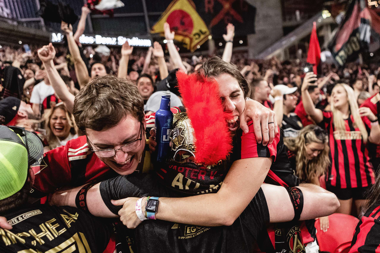 Supporters cheer after a goal during the match against the CF Montreal at Mercedes-Benz Stadium in Atlanta, Georgia, on Saturday May 15, 2021. (Photo by AJ Reynolds/Atlanta United)