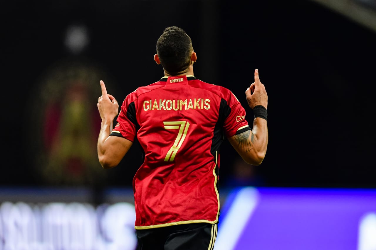 Atlanta United forward Giorgos Giakoumakis #7 celebrates after a goal during the second half of the match against New England Revolution at Mercedes-Benz Stadium in Atlanta, GA on Wednesday, May 31, 2023. (Photo by Kyle Hess/Atlanta United)