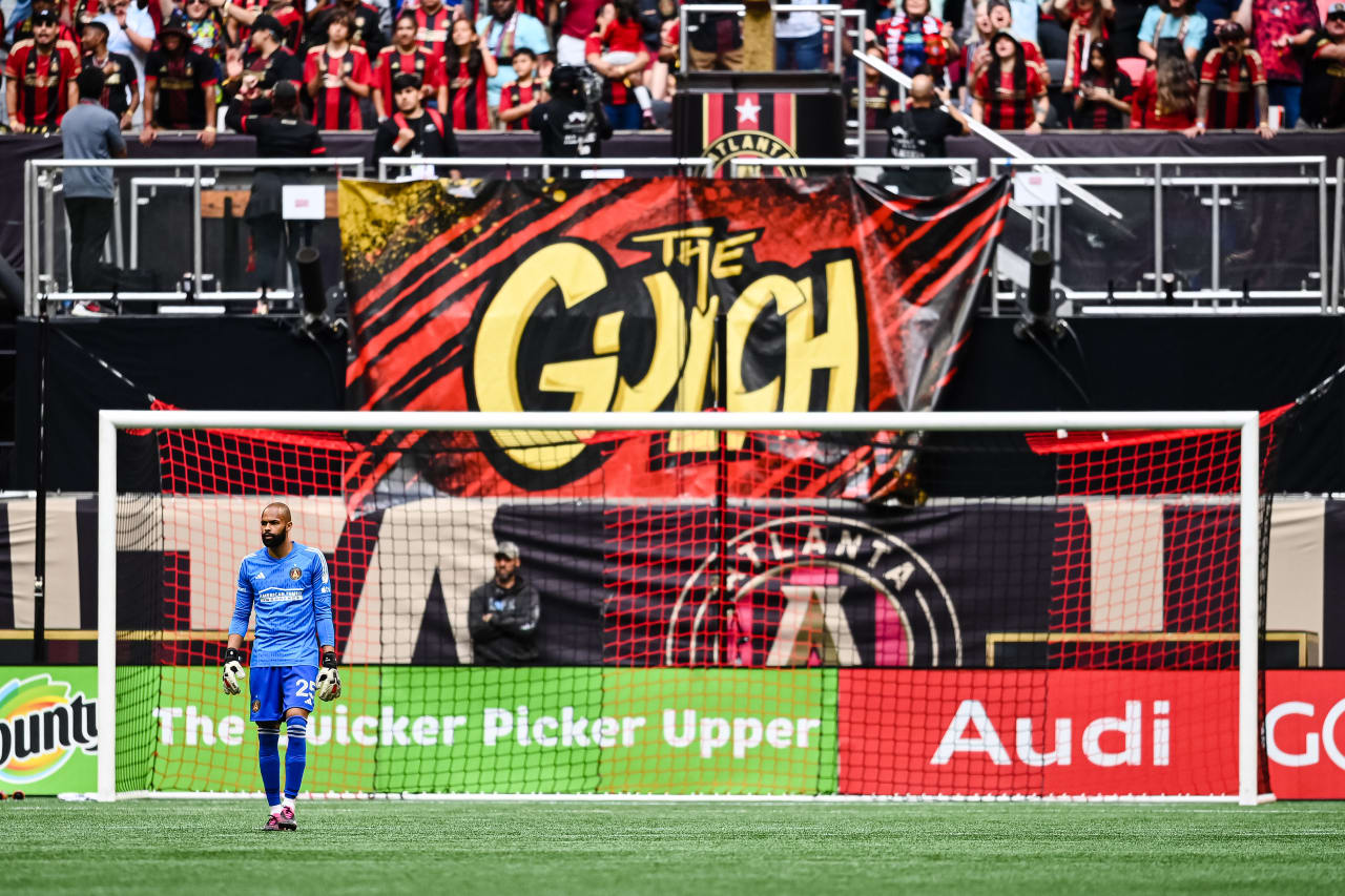 Atlanta United goalkeeper Clement Diop #25 is seen in net during the second half of the match against Chicago Fire FC at Mercedes-Benz Stadium in Atlanta, GA on Sunday, April 23, 2023. (Photo by Brandon Magnus/Atlanta United)