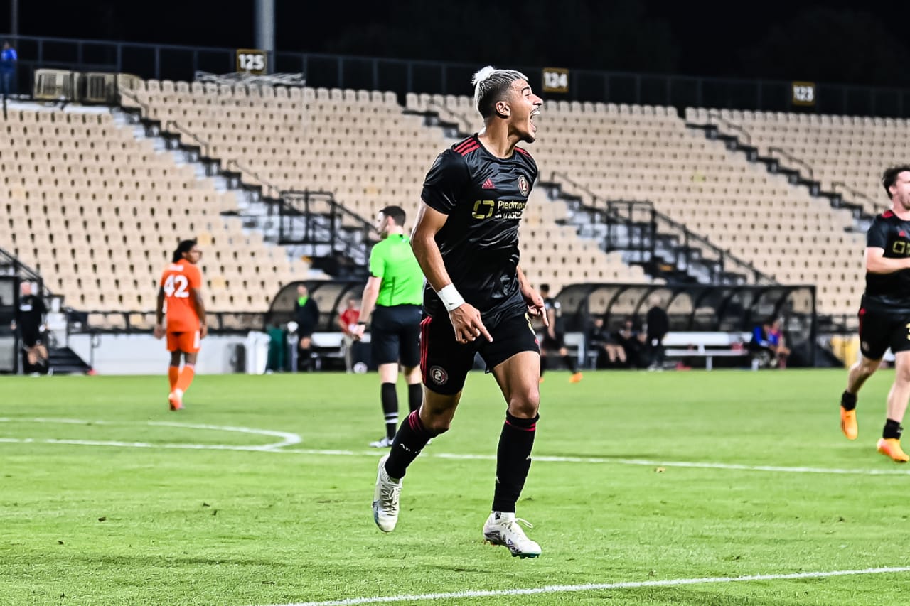Atlanta United 2 midfielder Nick Firmino #8 celebrates after scoring a goal during the MLS Next Pro match against New York City FC 2 at Fifth-Third Bank Stadium in Marietta, Ga. on Sunday, June 25, 2023. (Photo by Asher Greene/Atlanta United)