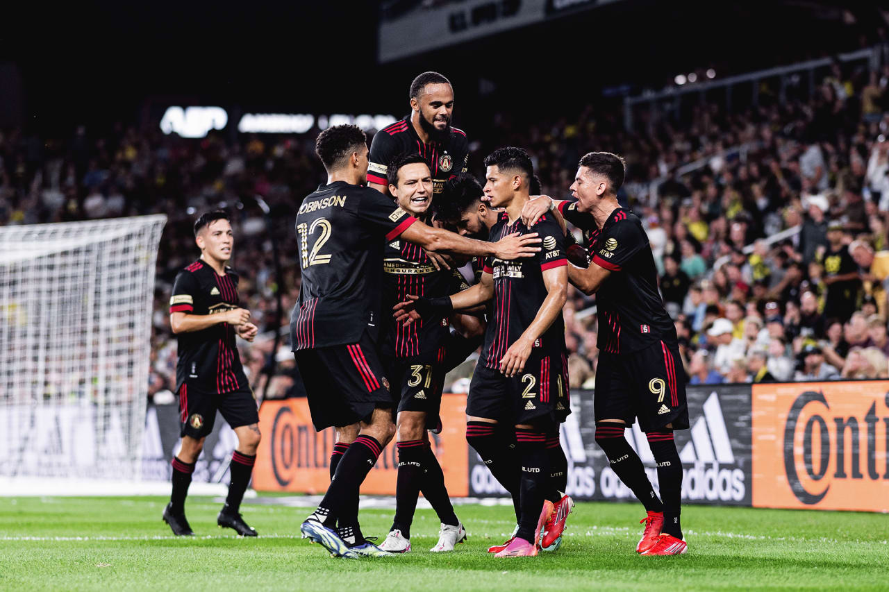 Atlanta United players celebrate after midfielder Marcelino Moreno #10 scores during the match against Columbus Crew at Lower.com Field in Columbus, Ohio on Saturday August 7, 2021. (Photo by Jacob Gonzalez/Atlanta United