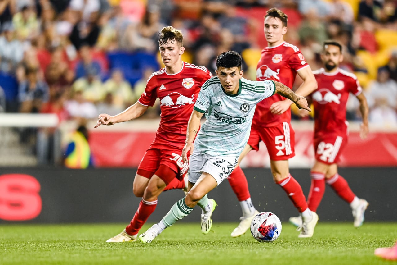 Atlanta United midfielder Thiago Almada #23 dribbles the ball during the match against New York Red Bulls at Red Bull Arena in Harrison, NJ on Saturday, June 24, 2023. (Photo by Mitchell Martin/Atlanta United)