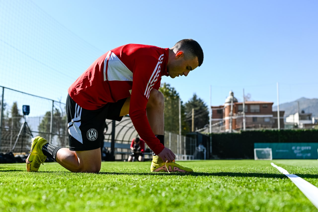 Atlanta United defender Brooks Lennon #11 puts his boots on before a preseason training camp session at CAR - Mexican National Team Training Facility in Mexico City, CDMX, on Tuesday January 31, 2023. (Photo by Mitch Martin/Atlanta United)