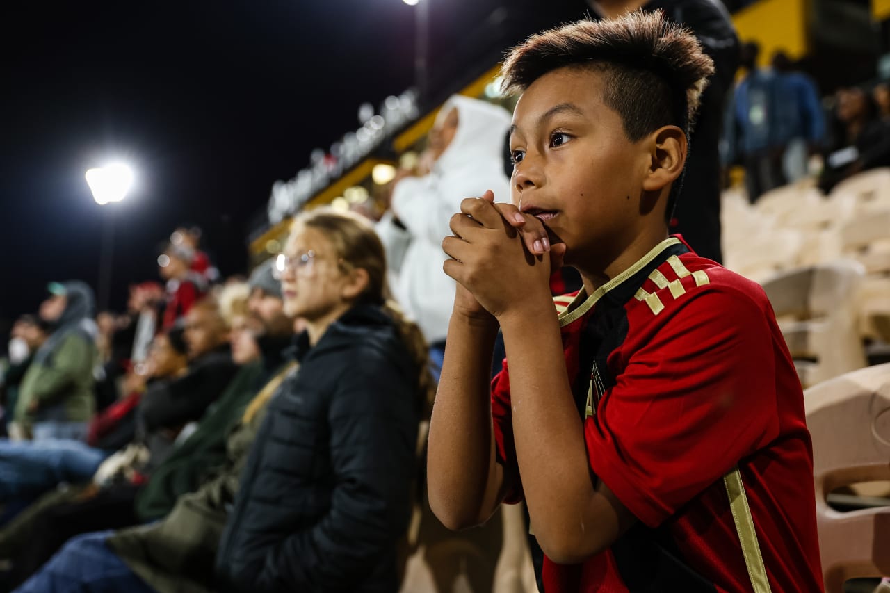 A young supporter looks on during extra time of the Open Cup match against Memphis 901 FC at Fifth Third Bank Stadium in Kennesaw, GA on Wednesday April 26, 2023. (Photo by Bee Trofort-Wilson/Atlanta United)