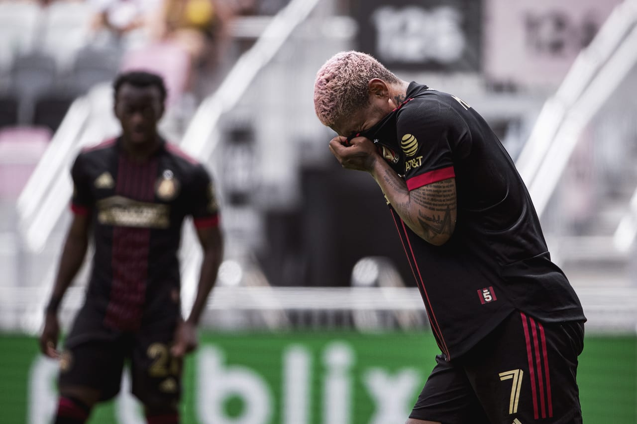 Atlanta United forward Josef Martinez #7 cries after scoring his first goal back from injury during the match against Inter Miami CF at DRV PNK Stadium in  Fort Lauderdale, FL, on Sunday May 9, 2021. (Photo by Robby IIIanes/Atlanta United)