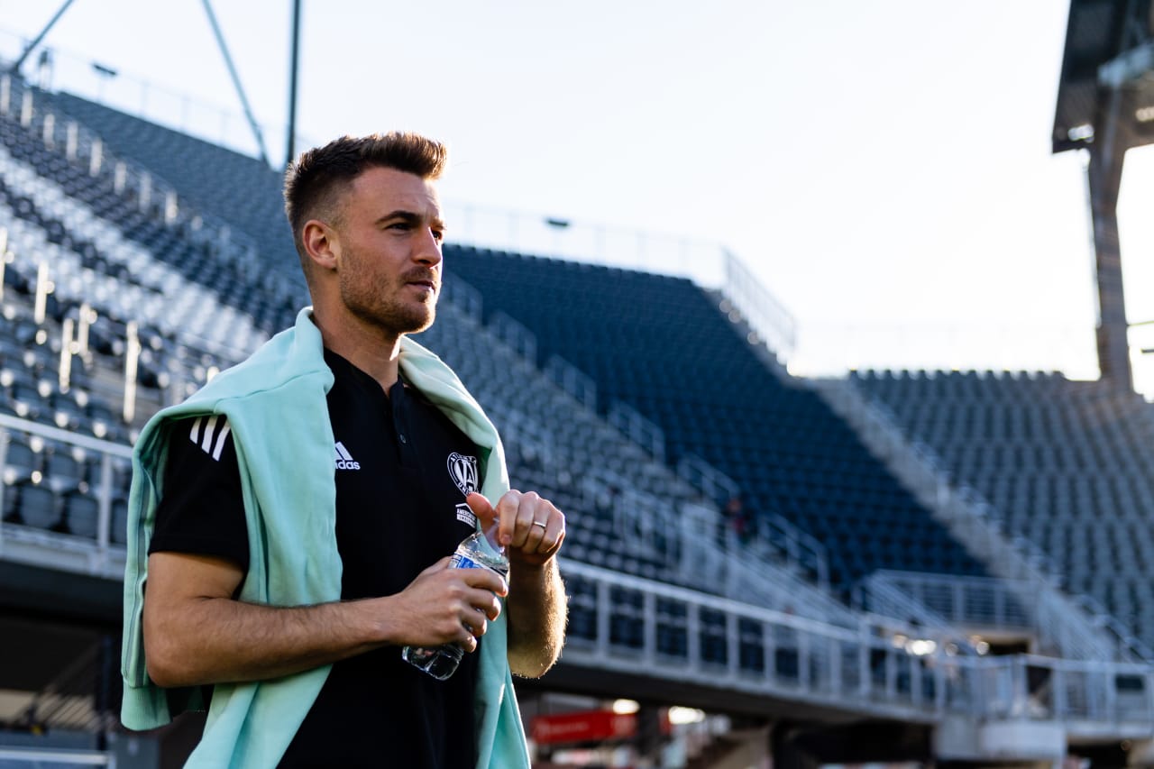 Atlanta United midfielder Amar Sejdic #13 walks out on to the pitch before the match against DC United at Audi Field in Washington, DC, on Saturday April 2, 2022. (Photo by Mitch Martin/Atlanta United)
