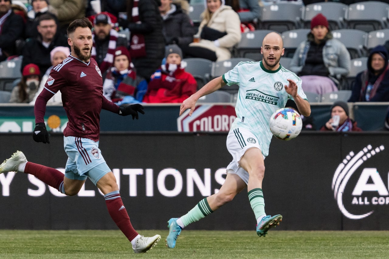 Atlanta United defender Andrew Gutman #15 runs with the ball during the match against Colorado Rapids at Dick's Sporting Goods Park in Commerce City, United States on Saturday March 5, 2022. (Photo by Dakota Williams/Atlanta United)