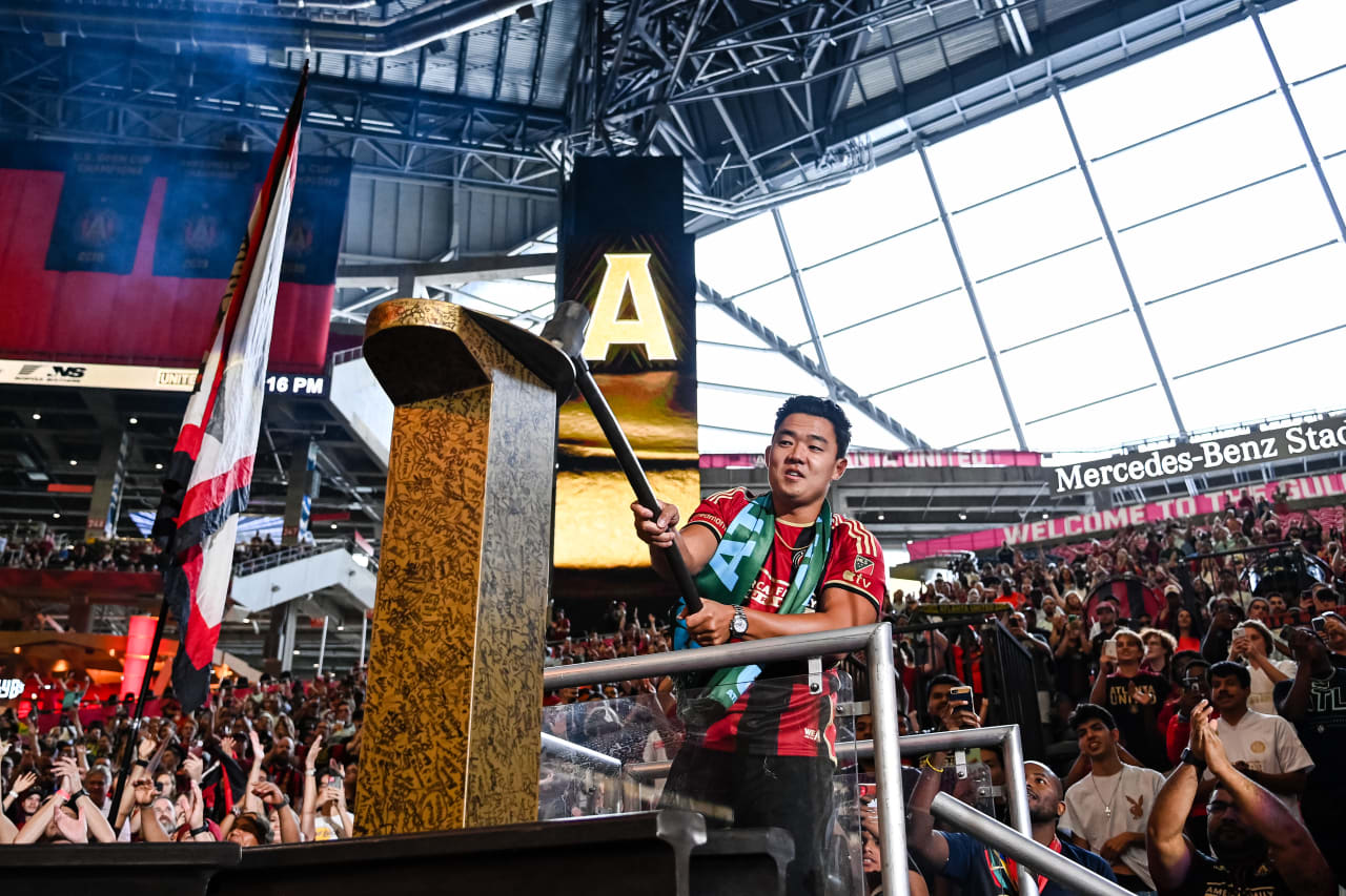 Younghoe Koo of the Atlanta Falcons hits the golden spike prior to the match against New England Revolution at Mercedes-Benz Stadium in Atlanta, GA on Wednesday, May 31, 2023. (Photo by Jay Bendlin/Atlanta United)