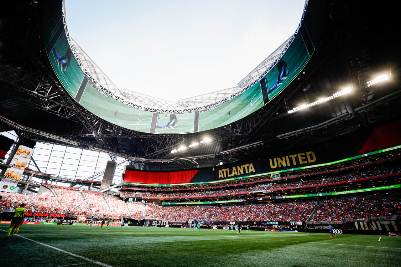 An overall view of the stadium during the match against Chicago Fire FC at Mercedes-Benz Stadium in Atlanta, GA on Sunday, April 23, 2023. (Photo by Alex Slitz/Atlanta United)
