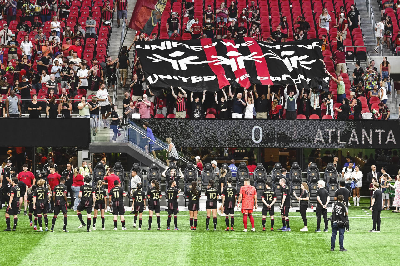 General view of the Tifo before the Unified match against Orlando City SC at Mercedes-Benz Stadium in Atlanta, Georgia, on Sunday July 17, 2022. (Photo by Kyle Hess/Atlanta United)